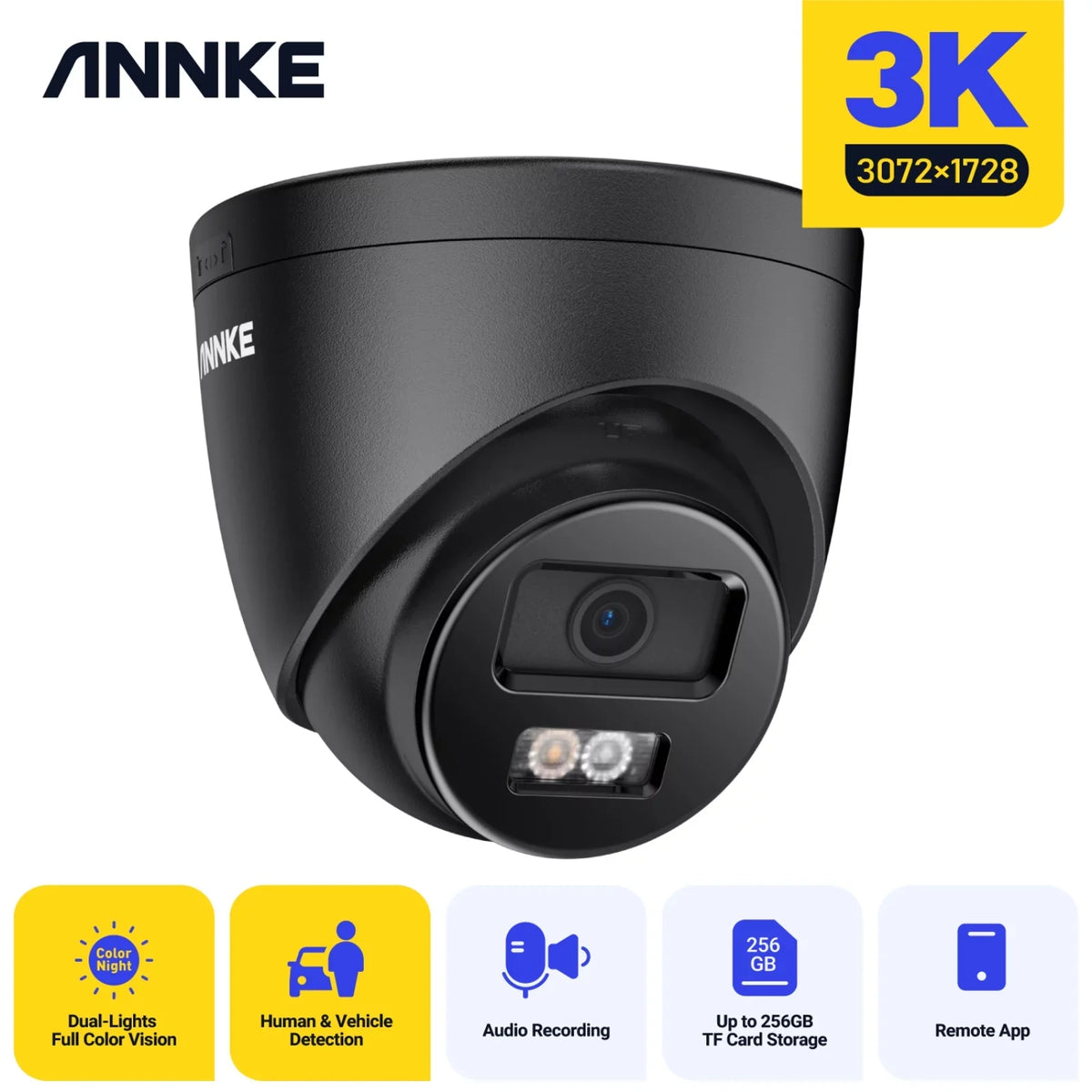 PoE 3K for Security, Turret Black Vision, dB Light, Detection, 2.8mm Mic Smart Surveillance Built-in Lens, Cameras Night ANNKE Color 120 Dual Home WDR, Camera, Outdoor Security Wired AI Human/Vehicle