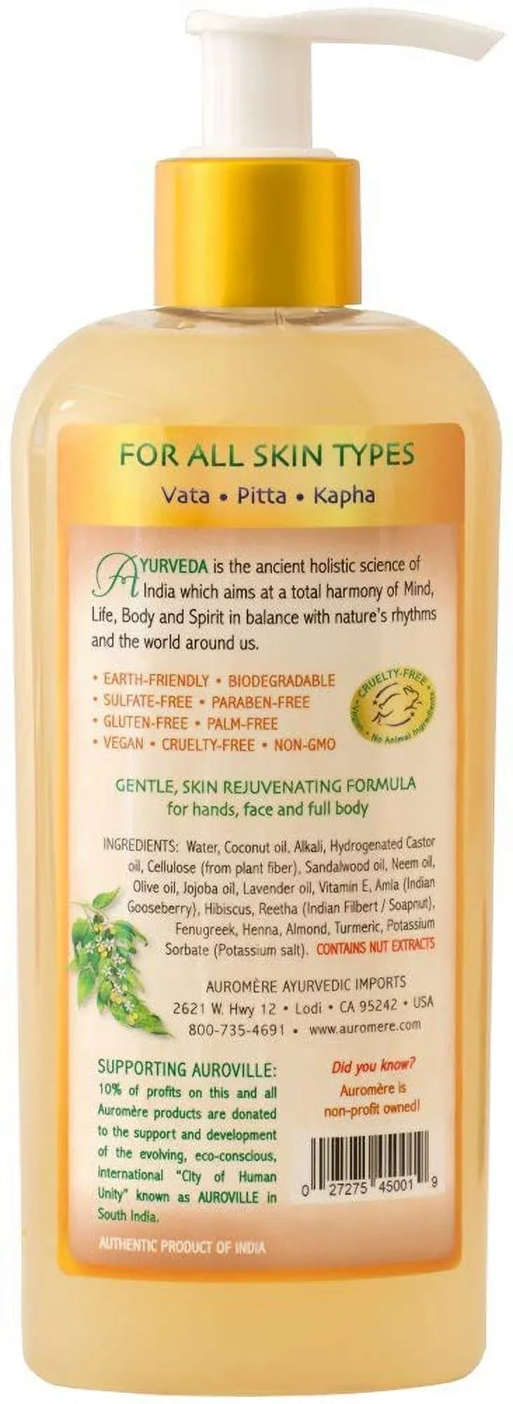 And Free, (Pack Turmeric Sandalwood Oil, Cruelty Neem Coconut Auromere - Liquid Of Non 2). Gluten-Free With Paraben-Free, Natural, Vegan, - Soap, 8Oz Gmo, Ayurvedic