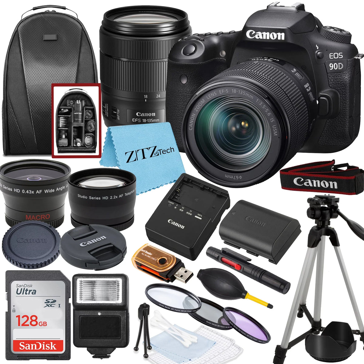 Backpack, ZeeTech 128GB Memory Camera 18-135mm Accessory Card, DSLR Flash, Bundle Tripod 90D SanDisk Canon and EOS with Lens,