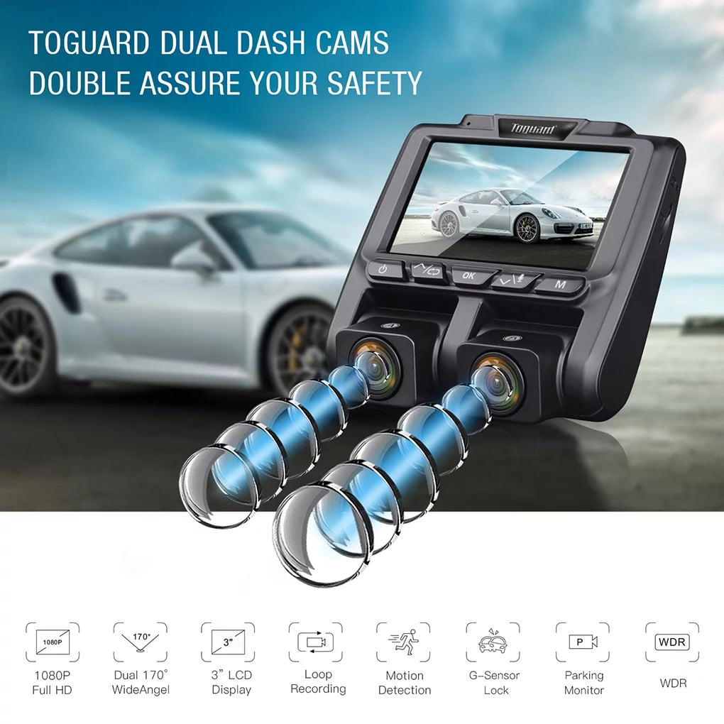 3" Dash LCD Camera TOGUARD 1080P+1080P HD Full Cam, Dashboard Front Inside Dual Camera Black Cams Car and Dash