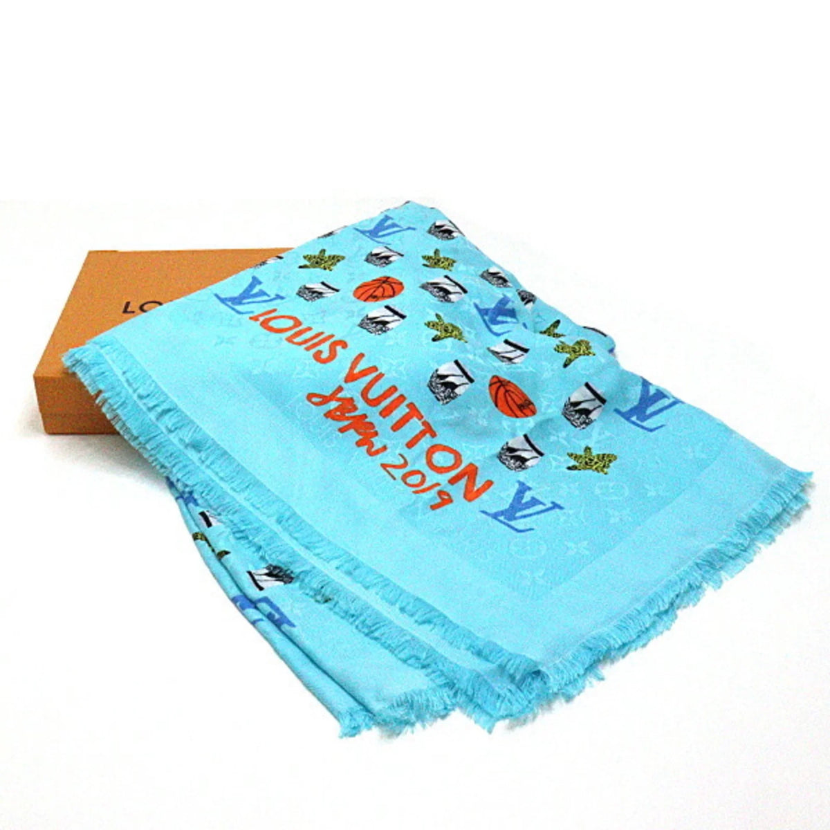 New) silk 40% Louis stole wool monogram Pre-Owned shawl 60% JONAS Jonas WOOD M76053 Wood Vuitton blue (Like basketball/flower/pot