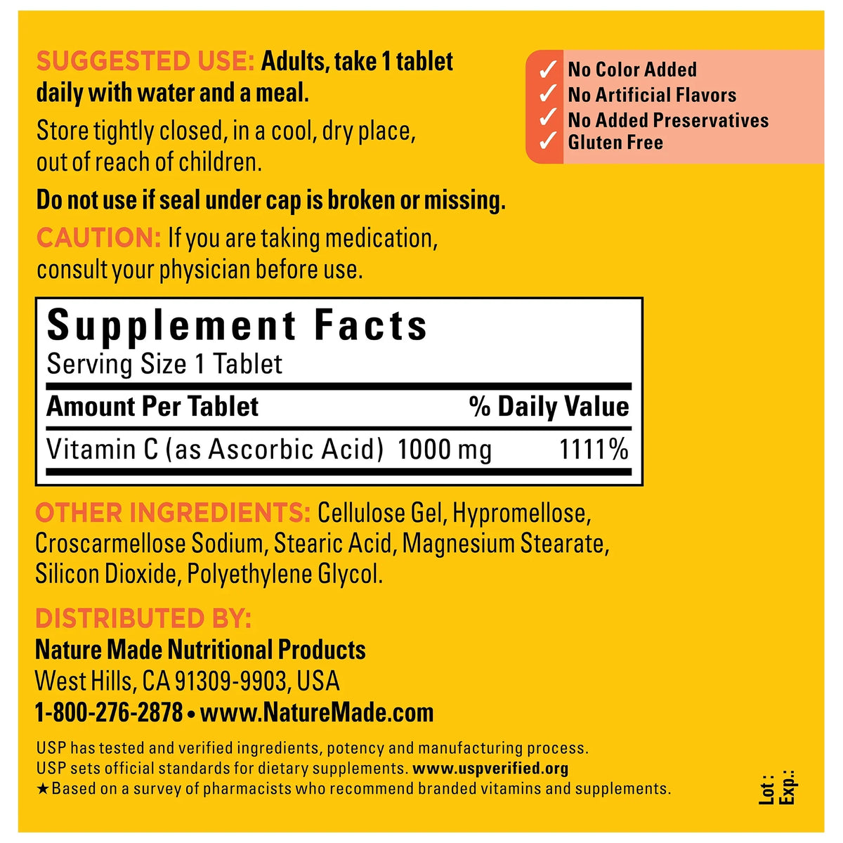 Count Nature 1000 300 Made Strength C Vitamin mg Dietary Extra Supplement, Tablets,