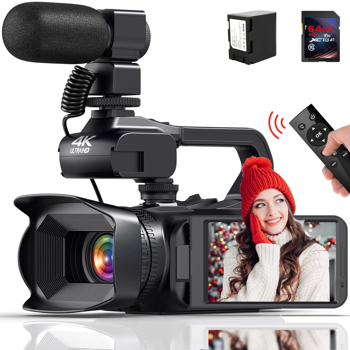 4.0" Camera with Digital Remote 4K Screen Card, Vlogging 60FPS,HD Handhold Camcorder SD Stabilizer, Camera Video 64MP 64G Control Touch Zoom Charger, 18X MARVUE Auto Microphone, Focus
