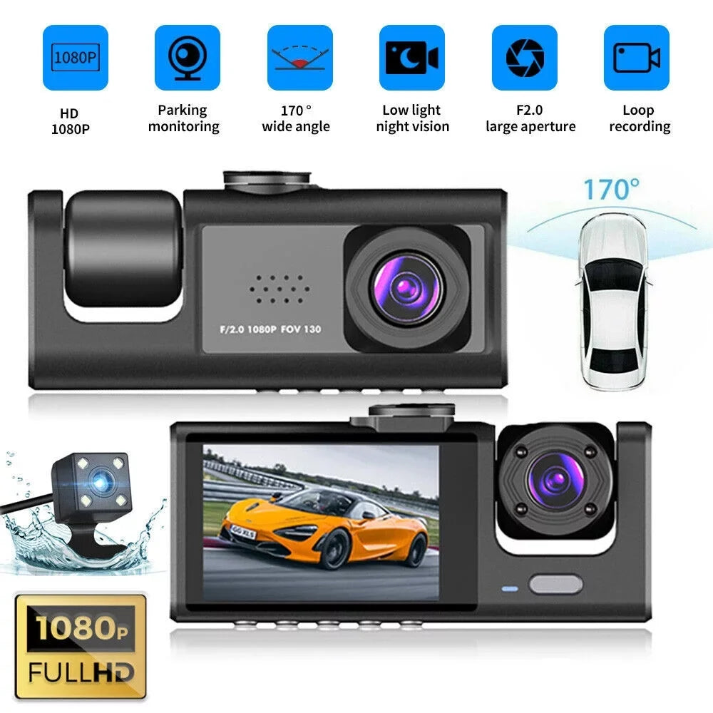 Camera Dash Dual Car G-Sensor Recorder Lens 1080P Cam Front/Rear/Inside Video