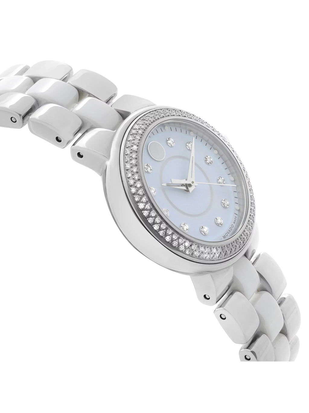 Movado Steel Ladies Diamond Ceramic White Cerena Quartz Bezel 0606931 Watch 28mm Pre-Owned