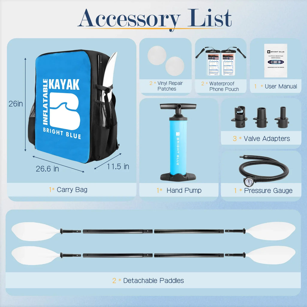 Inflatable White Paddles,Hand Persons Kayak with Water sit-on 1-2 BLUE BRIGHT Touring Paddling Pump,Backpack,Fins
