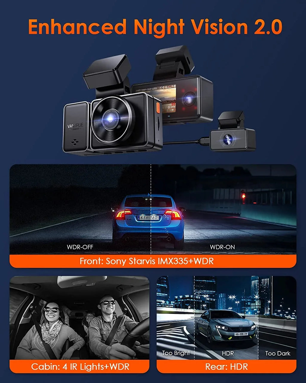 Control 3 Mode Voice Front WiFi Vantrue 3 2.5K GPS 1944P+1080P+1080P Dash and Car Inside Cam Motion Dash Night Channel Hrs IR E3 Parking Rear Camera Vision 24 for Detection Way