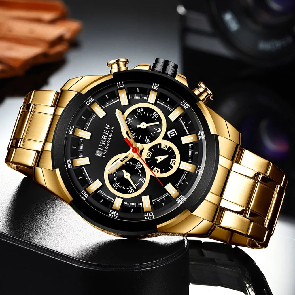 Stra Indicator Quartz Wristwatch Waterproof Male Hands with 8361 Man Chronograph Sub-Dials Three Luminous Date CURREN Watch for Second Minute Microsecond Watches Calendar Stainless Men Steel