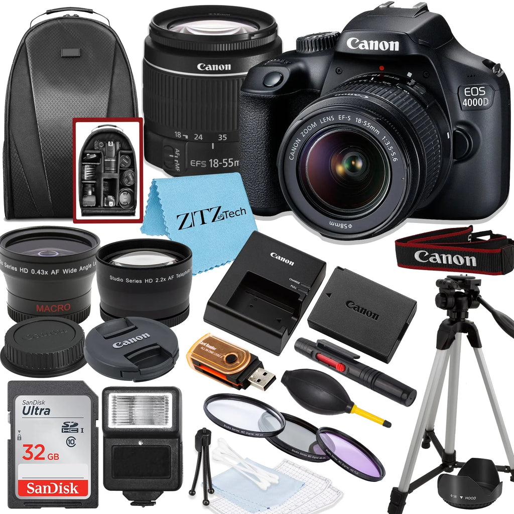 Rebel Bundle DSLR Canon and T100 Tripod, Lens, 18-55mm with EOS SanDisk 32GB Camera ZeeTech 4000D / Memory, Backpack