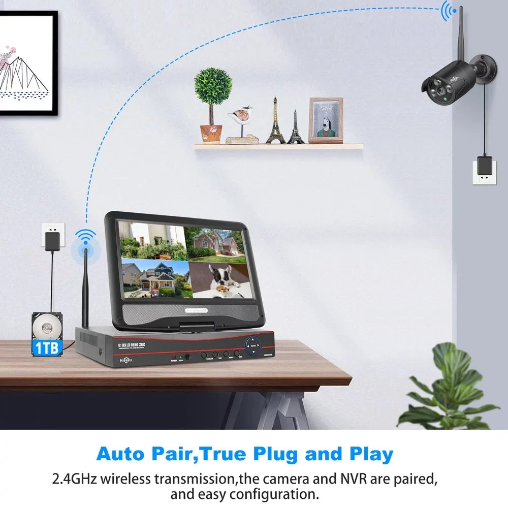 Vision, Monitor, NVR, Hiseeu Camera 10 WiFi) 4Pcs Channel Only 10.1'' with 2.4Ghz Recording, Night Waterproof, 1TB Home System with Wi-Fi (Supports Audio Security Hard Wireless Drive, Camera Security