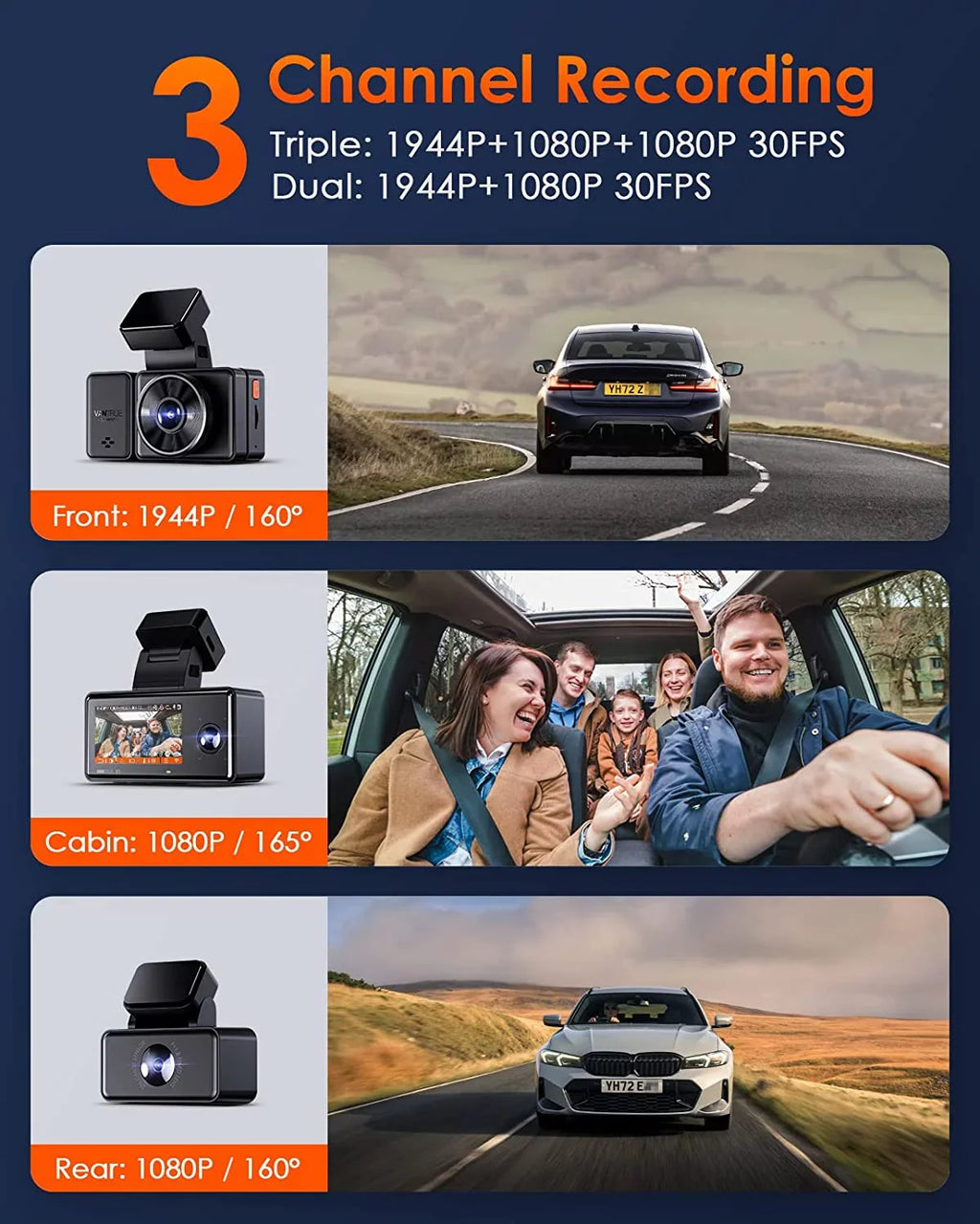 Control 3 Mode Voice Front WiFi Vantrue 3 2.5K GPS 1944P+1080P+1080P Dash and Car Inside Cam Motion Dash Night Channel Hrs IR E3 Parking Rear Camera Vision 24 for Detection Way