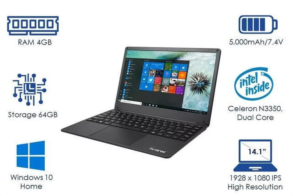 USB 1430NB-14.1in IPS Resolution, 1920x Mouse iView Dual 1080 High and Core, 4GB/64GB