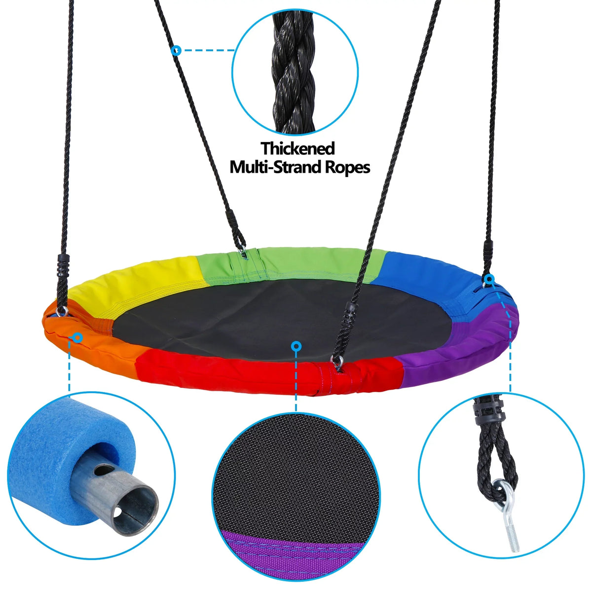 700lb Web ZenSports Kids - UV Protection, Set Swing 360 Waterproof, Rainbow Multi-Color Saucer Steel Outdoor Tree 40" Ropes Adjustable 70’’ Rotate°, Frame,