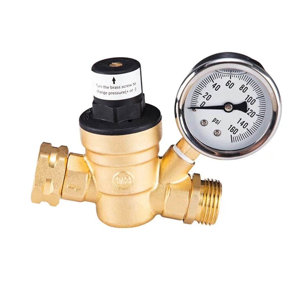 Travel Valve Filter, Ideal Adjustable and - for Brass, Lead-Free and RV Water Pressure Screened Gauge Trailers Regulator with 0-160PSI Inlet