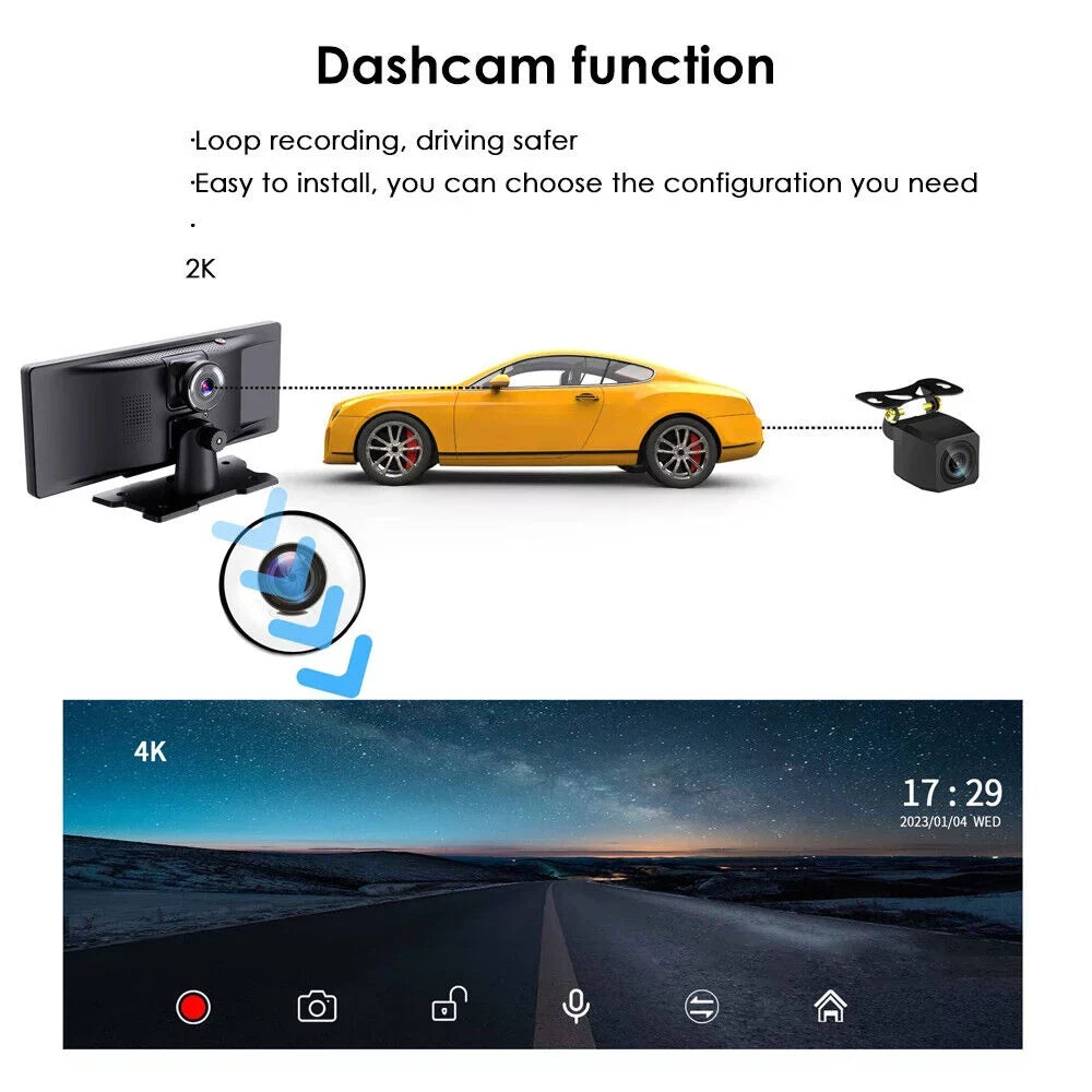 and Carplay 2K Car - WIFI Stunning 10.26'' Dash DVR Touch Resolution Android Screen Smart KingFurt Auto Camera Compatibility Wireless