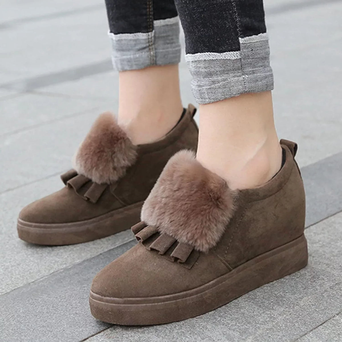 Shoes Winter Ankle Autumn Vintage Boots Furball Wedges Thicksoled Womens Embellished Boots Classic Fashion Cotton
