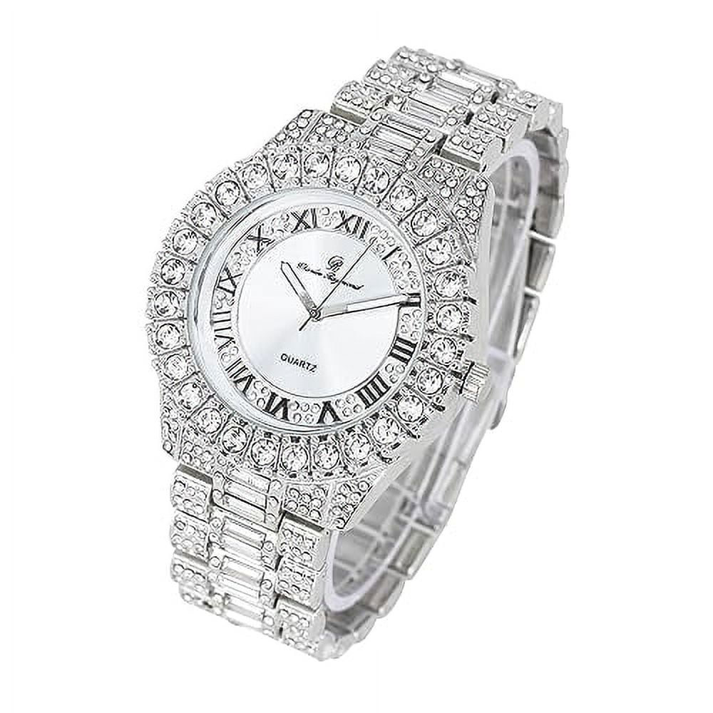 Mens Diamond Hip Read Out Date Iced Watch Colorful Blinged Timepiece Out ST10535 Fully and Raymond Dials- Big Charles - &Day Hop (ST10537-RN Rocks Designer Silver) w/Easy