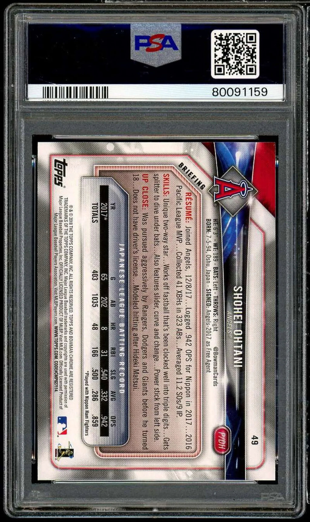 Card Bowman Ohtani Rookie #49 Shohei 2018