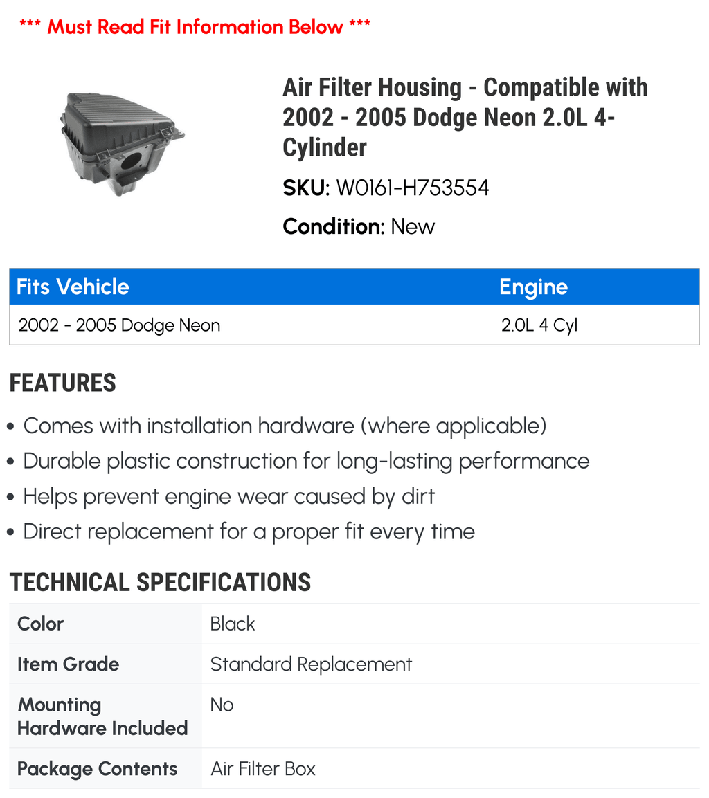 Air 2005 with Housing Filter Dodge - 2003 Compatible 2002 2.0L 2004 4-Cylinder Neon -