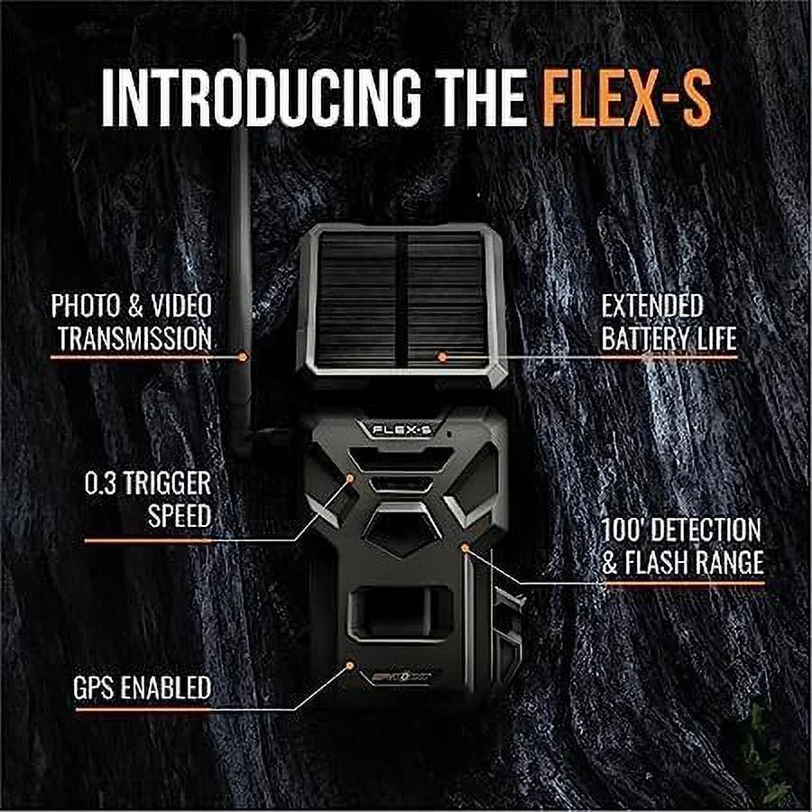 Strap Steel 100-foot Battery Panel, Backup Flash/Detection Battery, LTE Connectivity, Internal + SPYPOINT Solar Flex-S Optional Cellular Solar Reinforced Integrated Trail Camera Range,