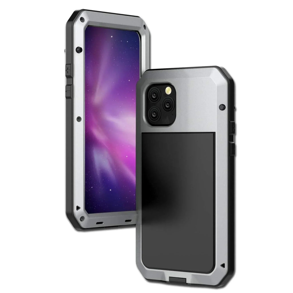 Duty Pro Outdoor Military 14 and Rugged Grade Metal iPhone (Silver) Aluminum Gorilla Travel Scratch Case Glass Heavy Protection, Shockproof Resistant