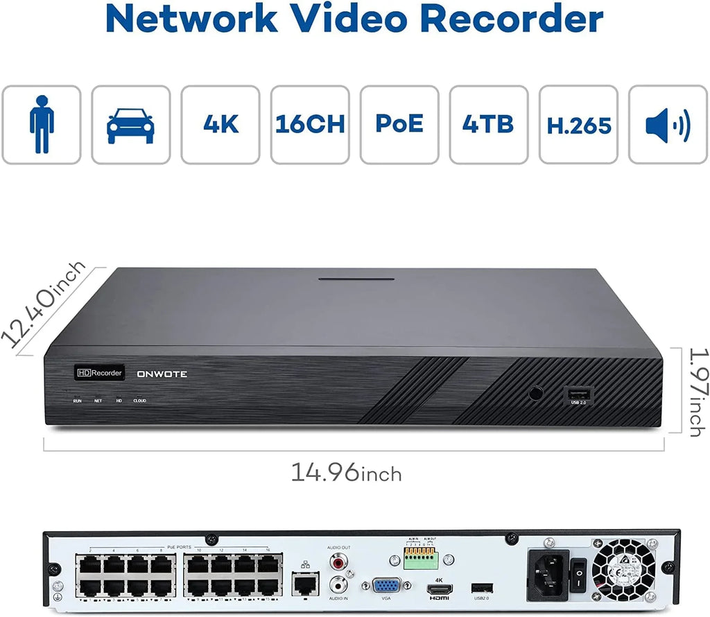 HDD IP 16CH 24/7 System, 8MP PoE with Camera NVR Commercial AI-Human-Detection, 2-Storage-Bay Audio, 8pcs Cameras Security for ONWOTE with 4K Channel 4TB 8MP PoE Recording, 16 Wired 4K