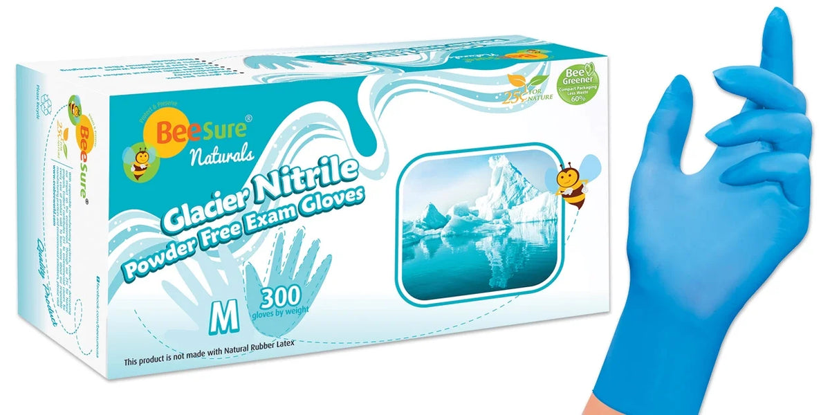 Glacier BeeSure Cranberry Blue Nitrile Free Gloves 300/Box Medium 2927 Powder Examination
