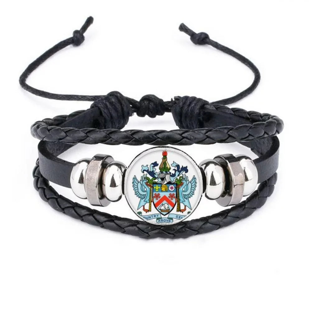 Wristband Kitts Bracelet Nevis Braided Rope Leather and Woven National Emblem