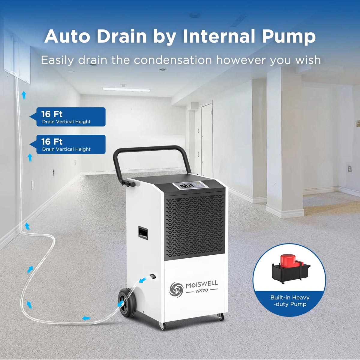 170 Sq Large Damage Ideal for Commercial Unit Site, with Basements, Drain Defrost, and Starting Pints Moiswell Hose Auto up to for Pump 7,500 Dehumidifier Water Spaces - Ft - Memory Industrial