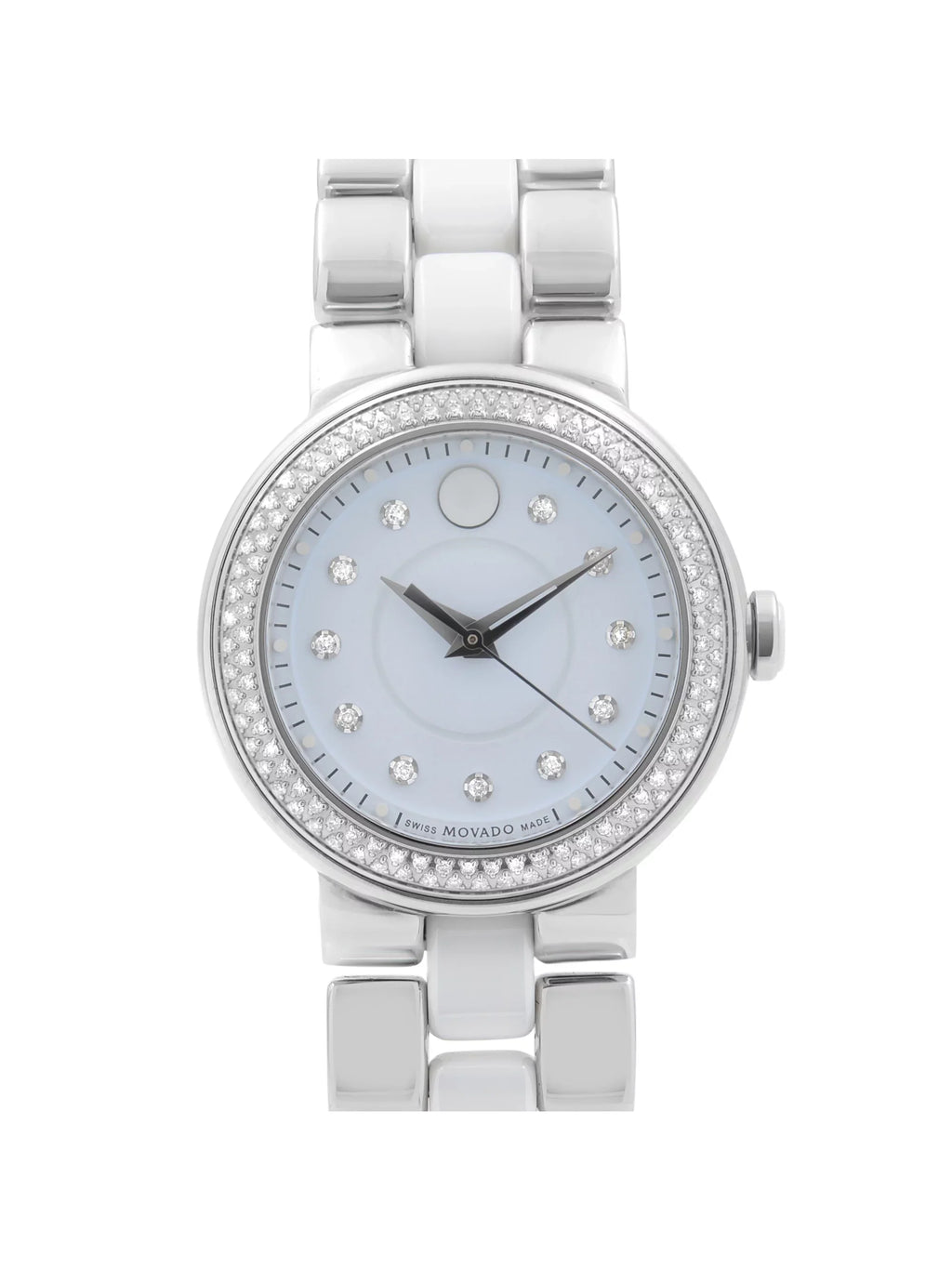 Movado Steel Ladies Diamond Ceramic White Cerena Quartz Bezel 0606931 Watch 28mm Pre-Owned
