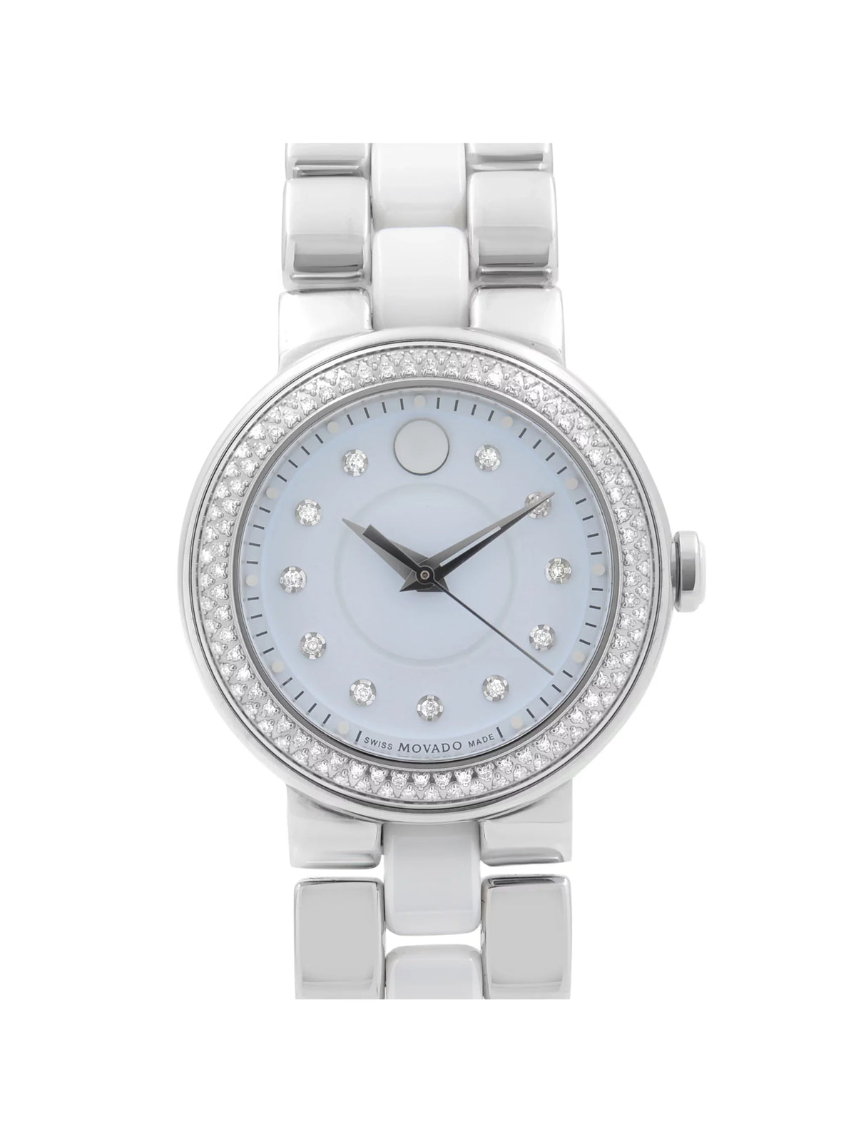 Movado Steel Ladies Diamond Ceramic White Cerena Quartz Bezel 0606931 Watch 28mm Pre-Owned