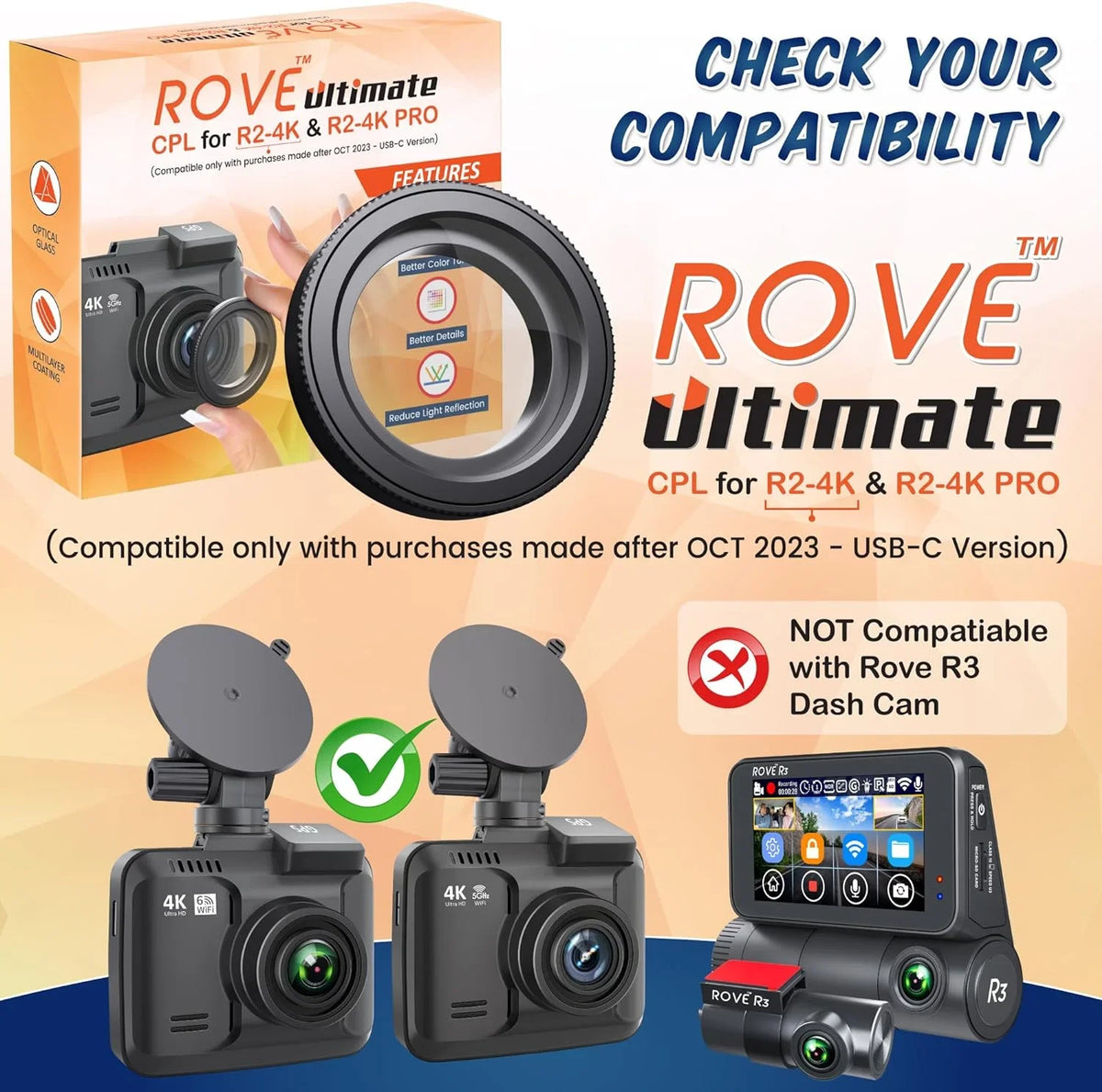 CPL for Ultimate Cam PRO ROVE Anti-Glare ROVE and Filter, Dash Circular Polariser R2-4K R2-4K Models Lens