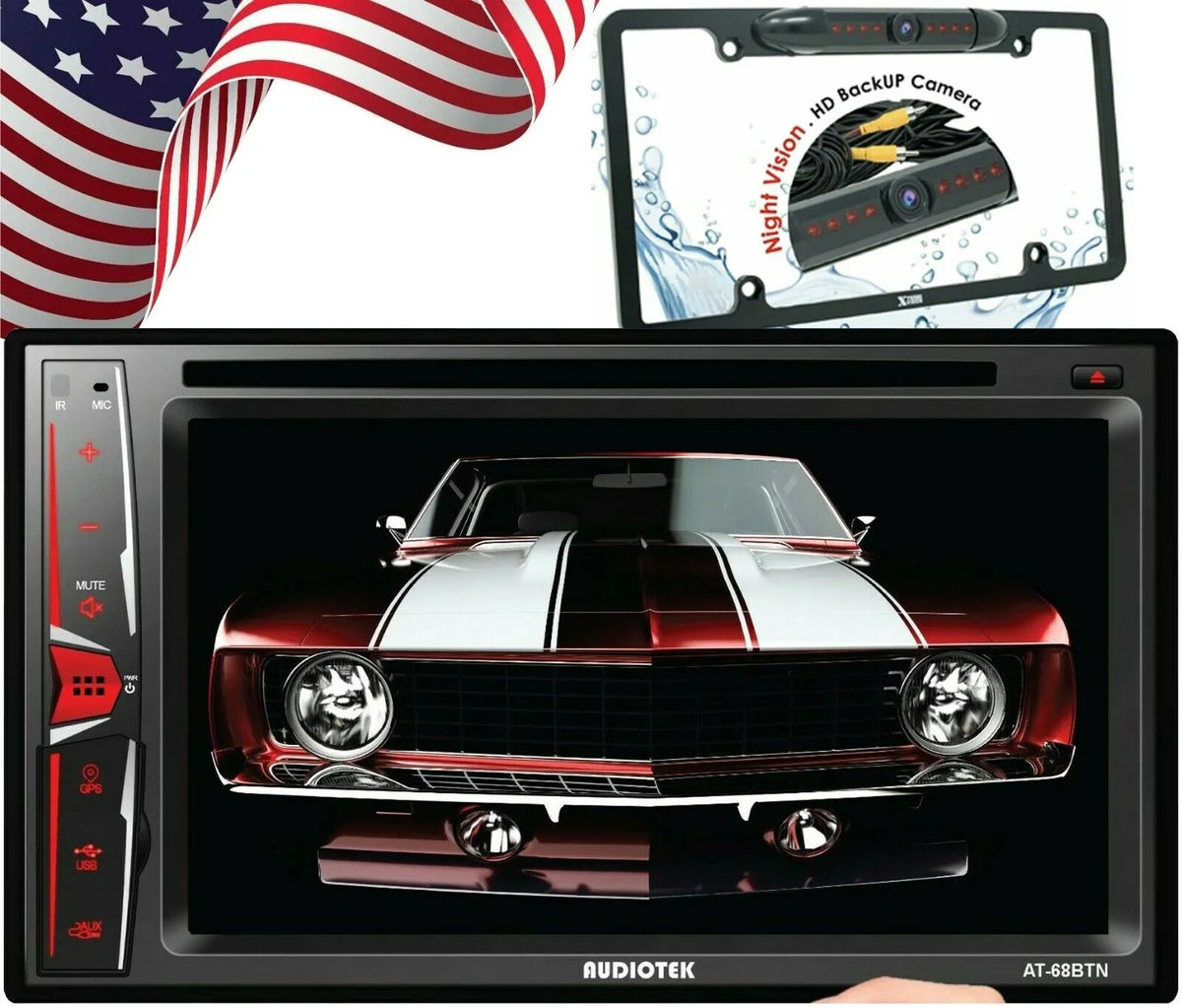 AT-68BTN Radio Touch Link+ Rear Mirror Camera License 6.2" Screen Bundle Plate Audiotek