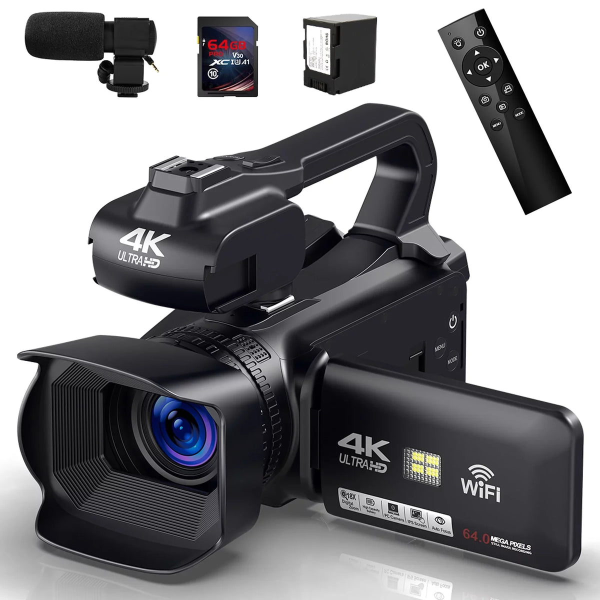 4.0" Camera with Digital Remote 4K Screen Card, Vlogging 60FPS,HD Handhold Camcorder SD Stabilizer, Camera Video 64MP 64G Control Touch Zoom Charger, 18X MARVUE Auto Microphone, Focus