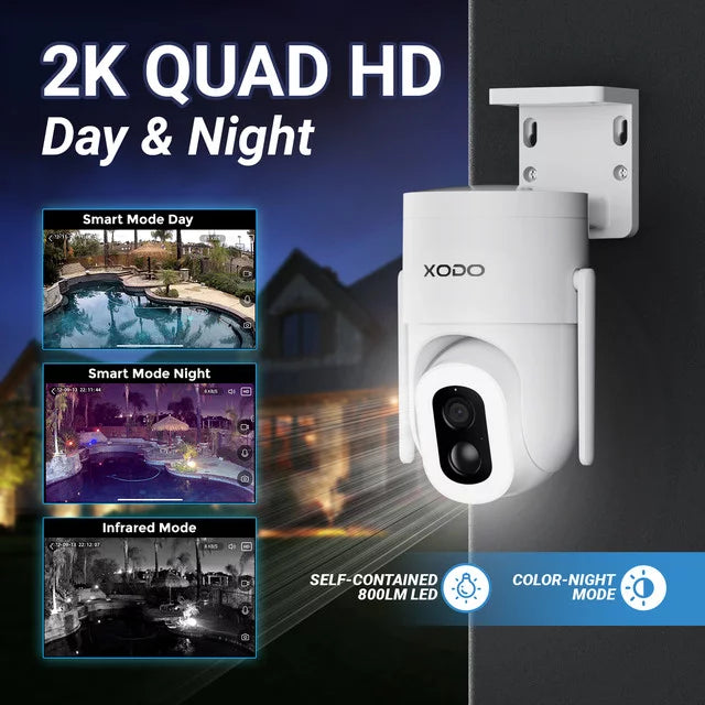 Home System, Audio, Pan-Tilt Camera Cam Night Security for Detection, 2K 360° XODO – Outdoor Color View Wireless Motion Solar Vision, Remote 3MP App Cloud/SD 2-Way Siren, with Floodlight E15