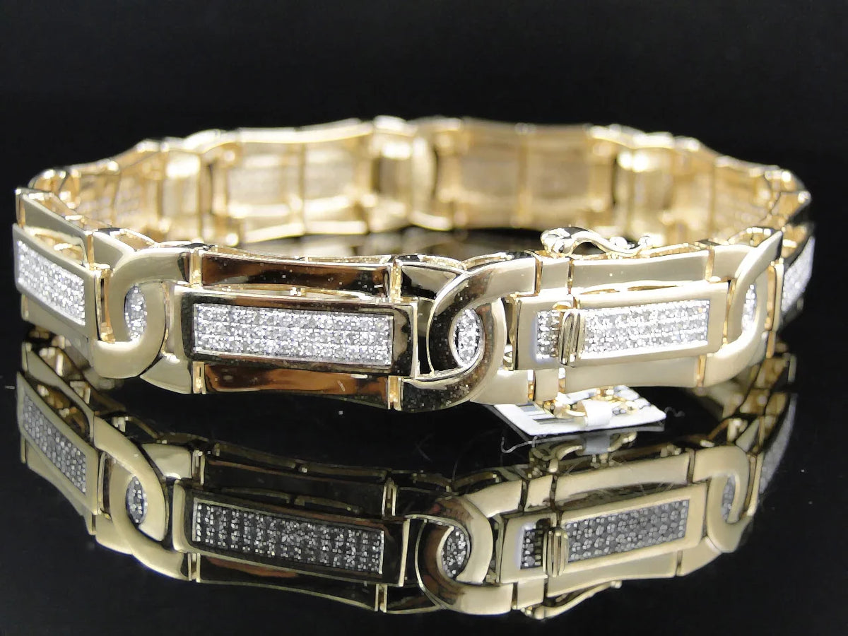 Gold 3 Inch 14K Ct Cut Pave Genuine Bracelet Diamond Yellow Round Mens 8.5 Set