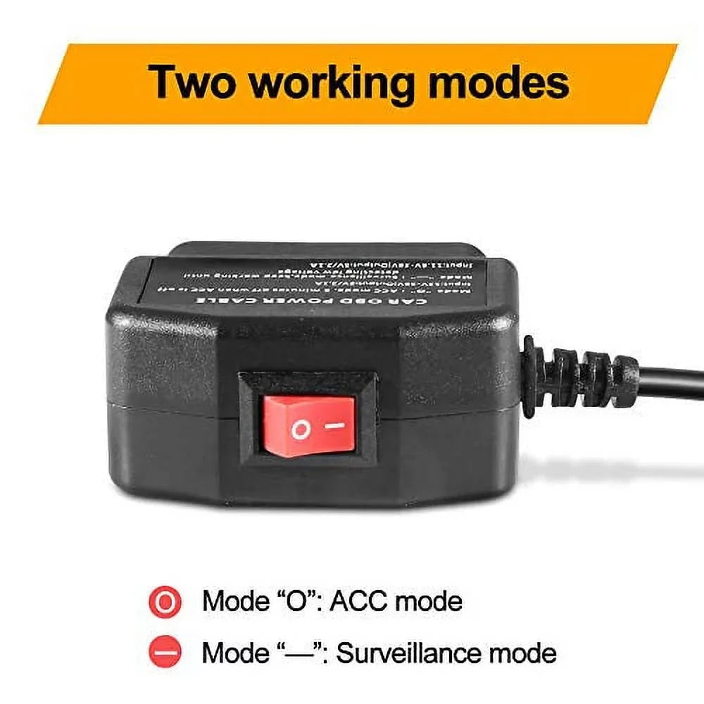Power Acc USB and Adapter for Camera, OBD2 OBD Ssontong USB Port) Switch Button(Mini OBDII with 24 Hours Mode Hardwire Charger OBD Cable Two Surveillance Cable Mini to Dash