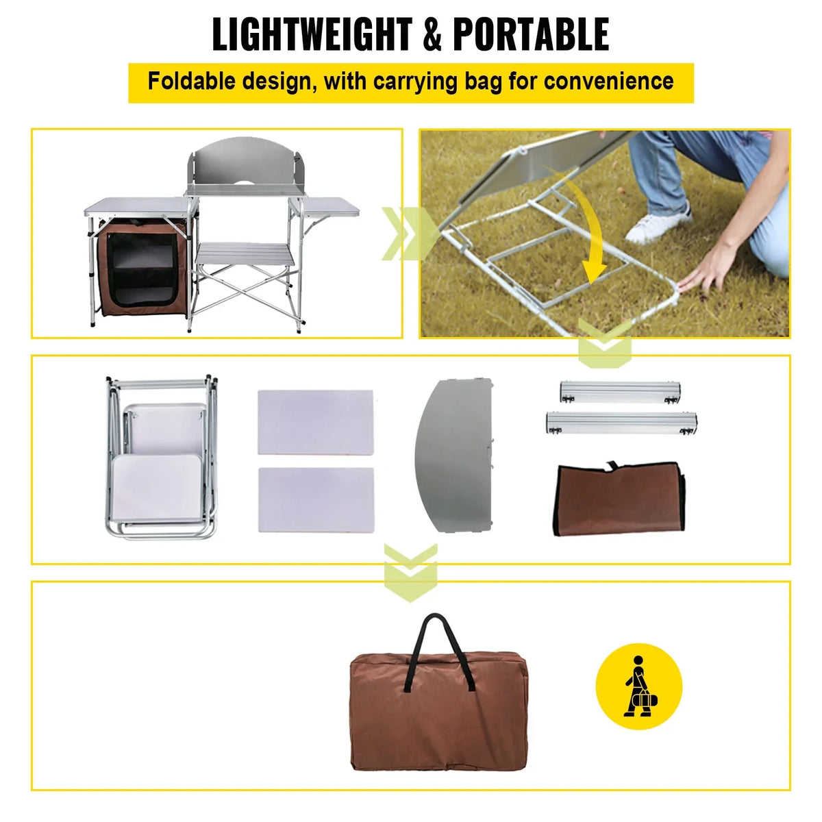 Table Kitchen with Camping, Portable Table Brown 2-Tier, BBQ, Bag for Table Outdoor Cook Camp SKYSHALO Party, Folding Color, Camping Zippered