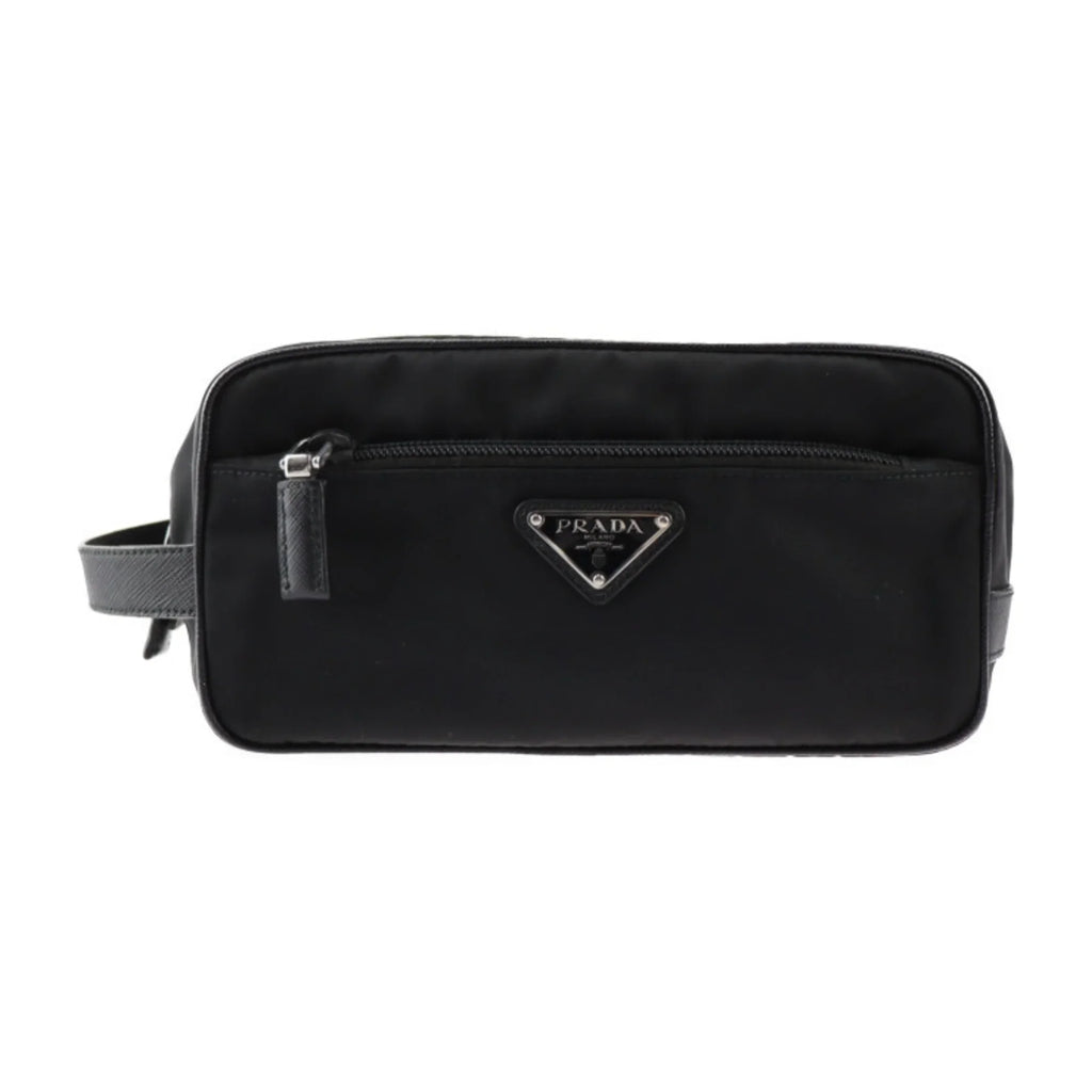 bag black leather 2NA819 (Good) clutch Pre-Owned nylon handbag silver hardware Prada logo second PRADA triangle
