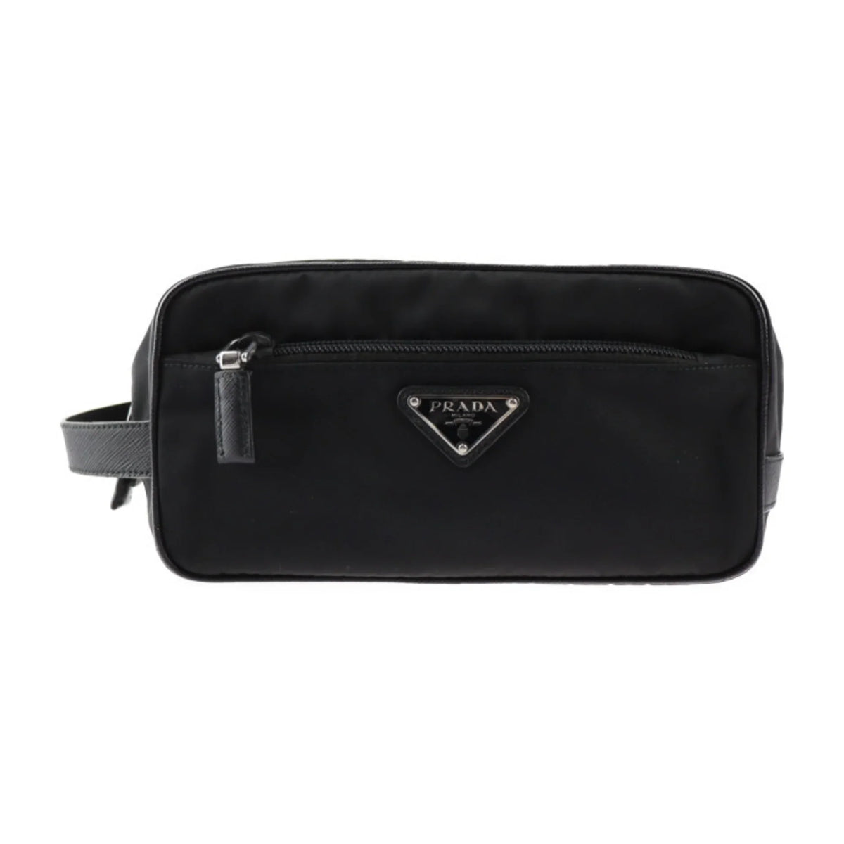 bag black leather 2NA819 (Good) clutch Pre-Owned nylon handbag silver hardware Prada logo second PRADA triangle