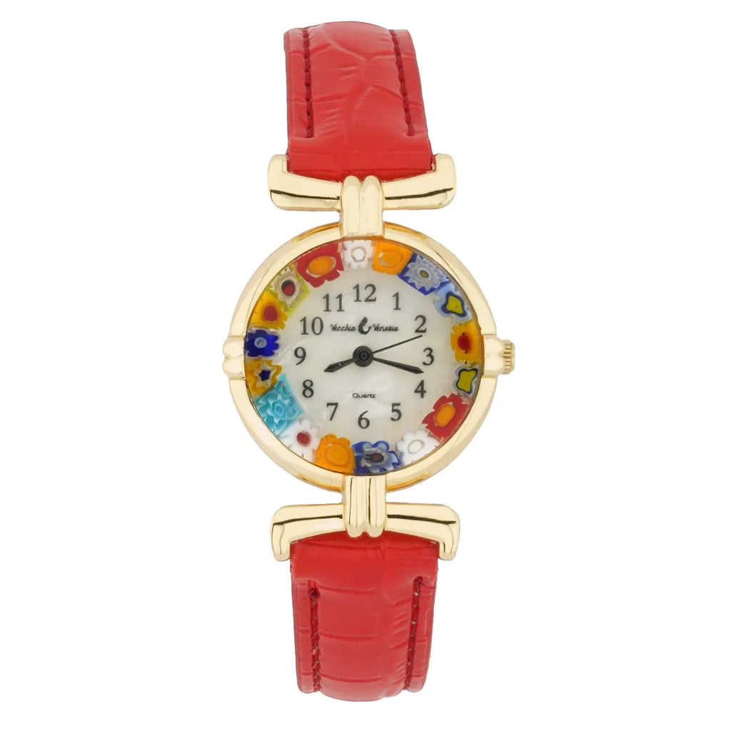 Murano - GlassOfVenice with Leather Glass Millefiori Multicolor Band Watch Red
