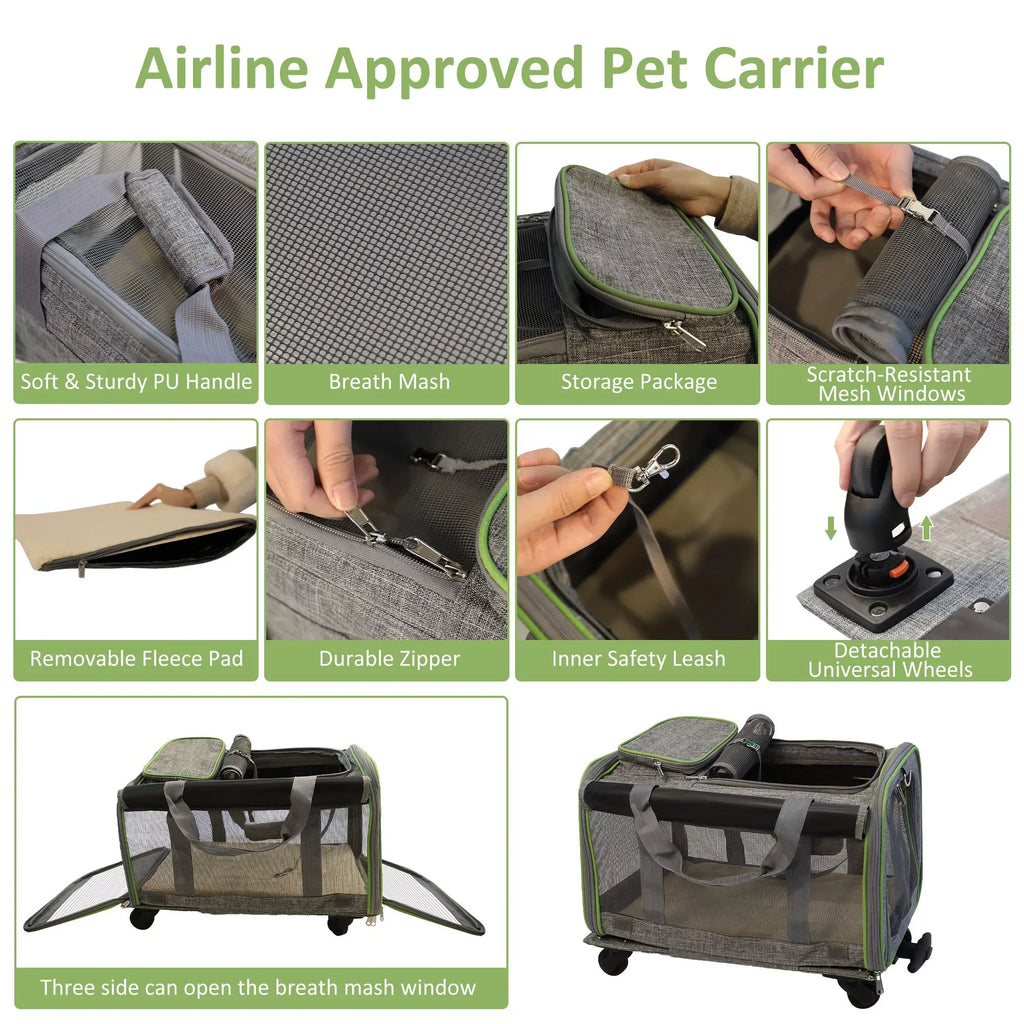 Removable Dog, with Safety Mesh Carrier Handle, Cats, Cat with Carrier Pet and Dogs Base, and Wheels Approved Soft-Sided Airline Wheel Cat Strap & for for Pet Telescopic Carrier