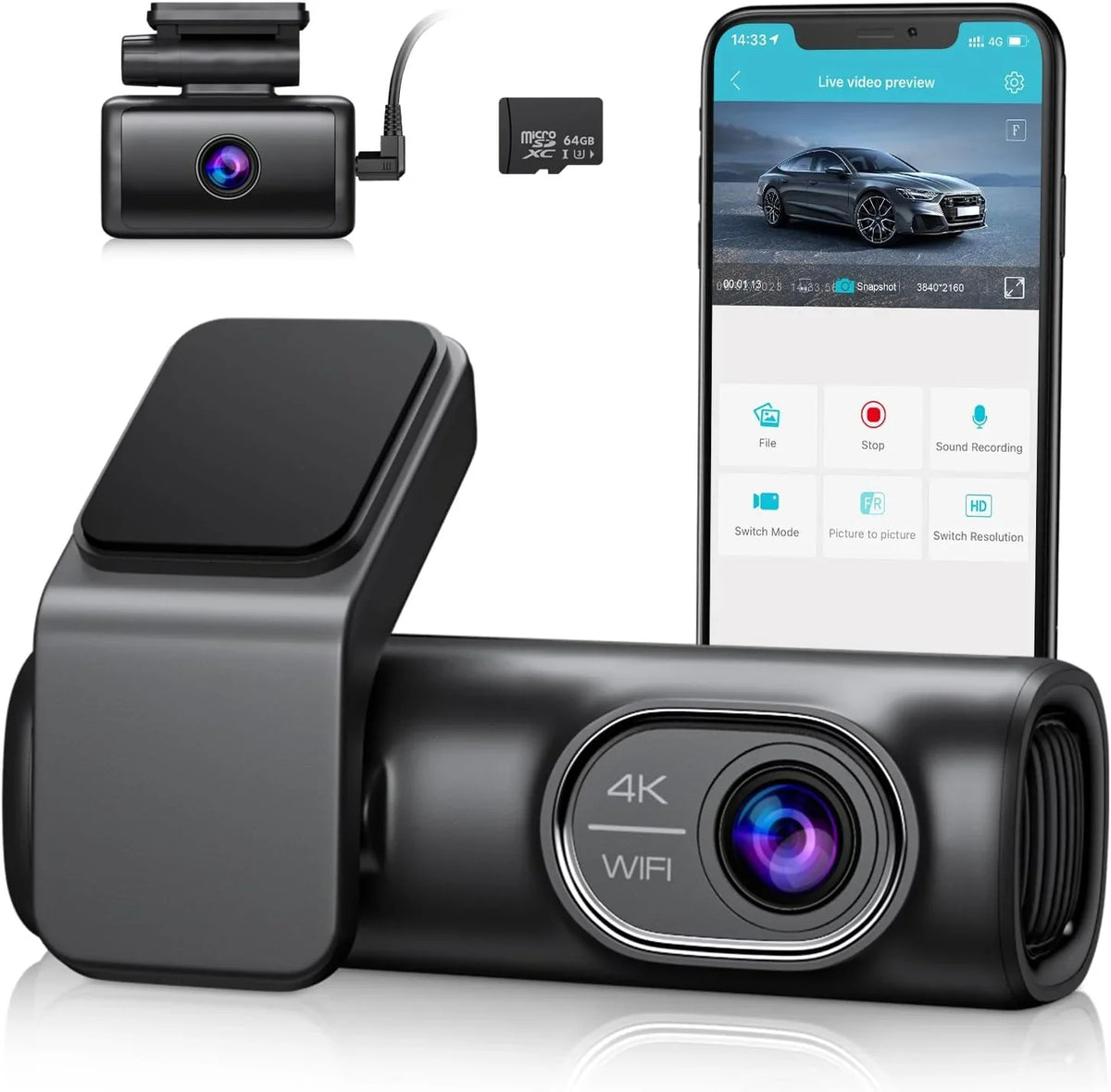 Loop Parking Rear SD Cars G-Sensor, Vision, Night Card,WDR Dash WiFi 5G GPS APP Mode,170°Wide, Free 64G Recording, 4K/2K/1080P+1080P OMBAR for with Front and Cam 24h