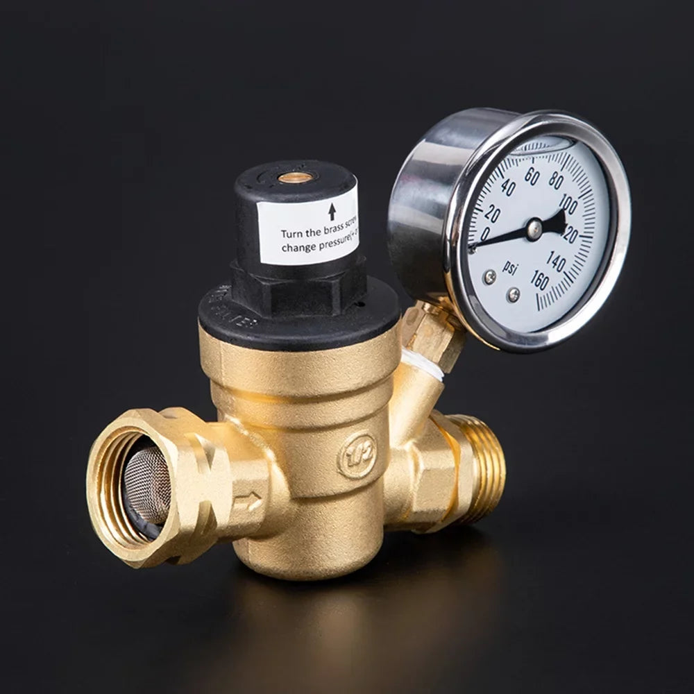 Travel Valve Filter, Ideal Adjustable and - for Brass, Lead-Free and RV Water Pressure Screened Gauge Trailers Regulator with 0-160PSI Inlet