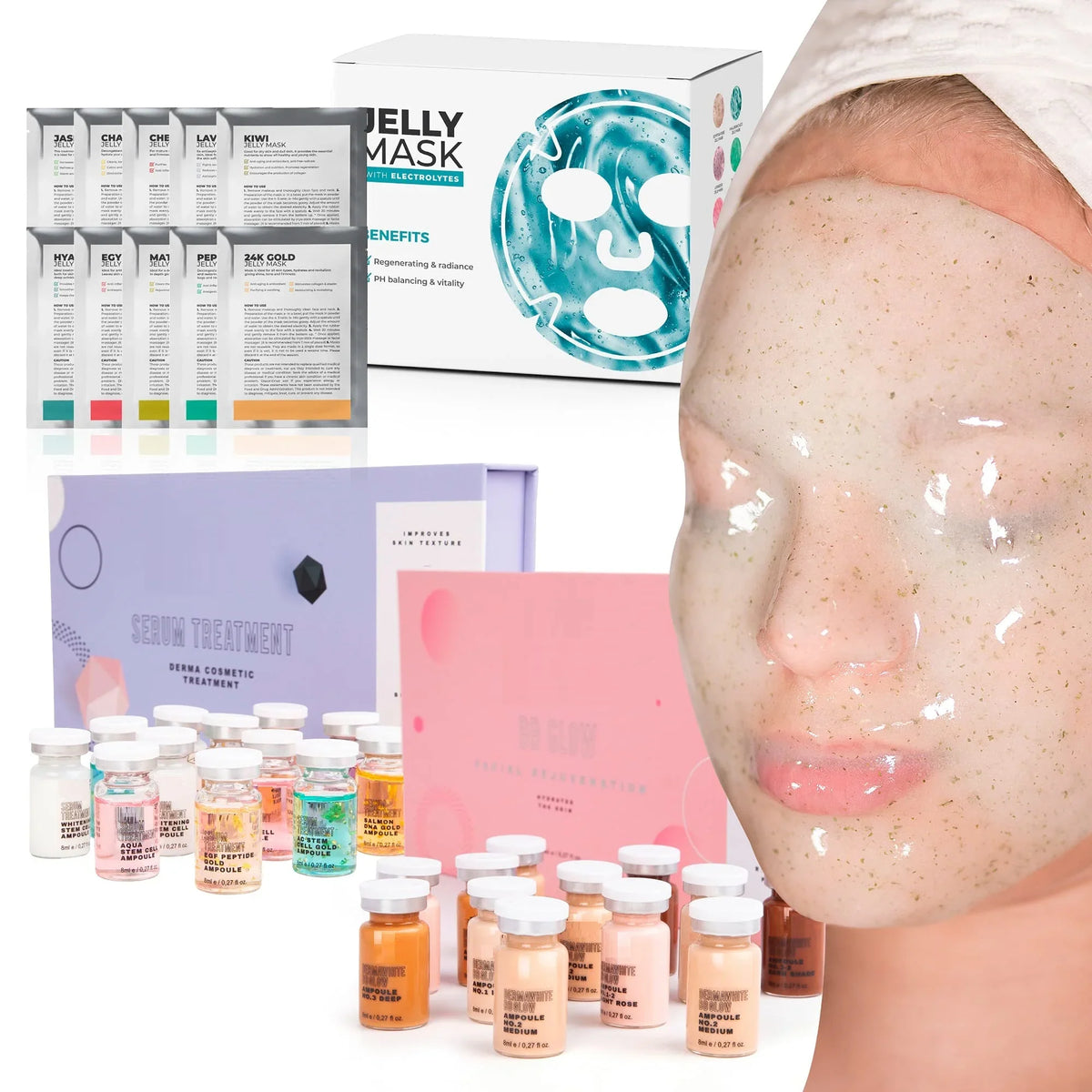 BRÜUN with spa Jelly electrolytes + kit Different Peel-Off Starter 12 set with kit Mask Treatment Face Glow 10 Serum BB care Treatments vials +