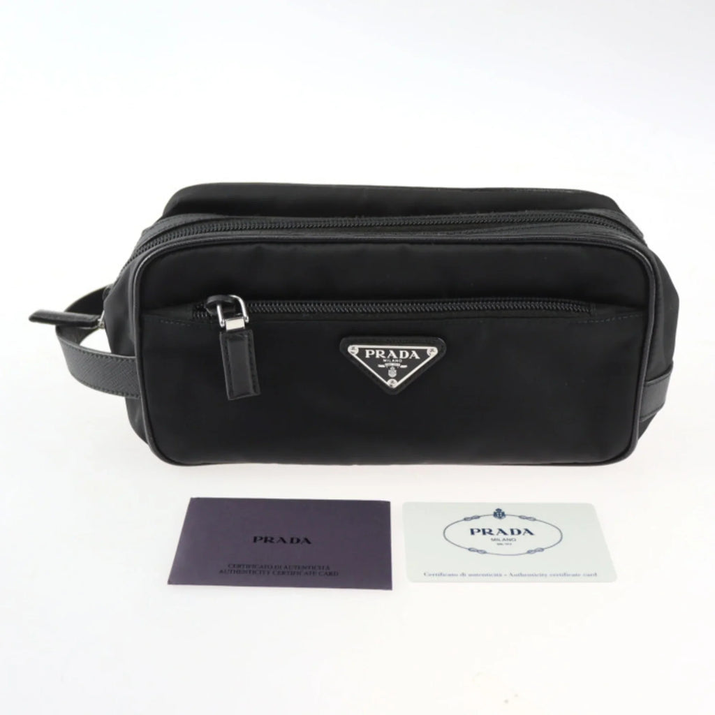 bag black leather 2NA819 (Good) clutch Pre-Owned nylon handbag silver hardware Prada logo second PRADA triangle