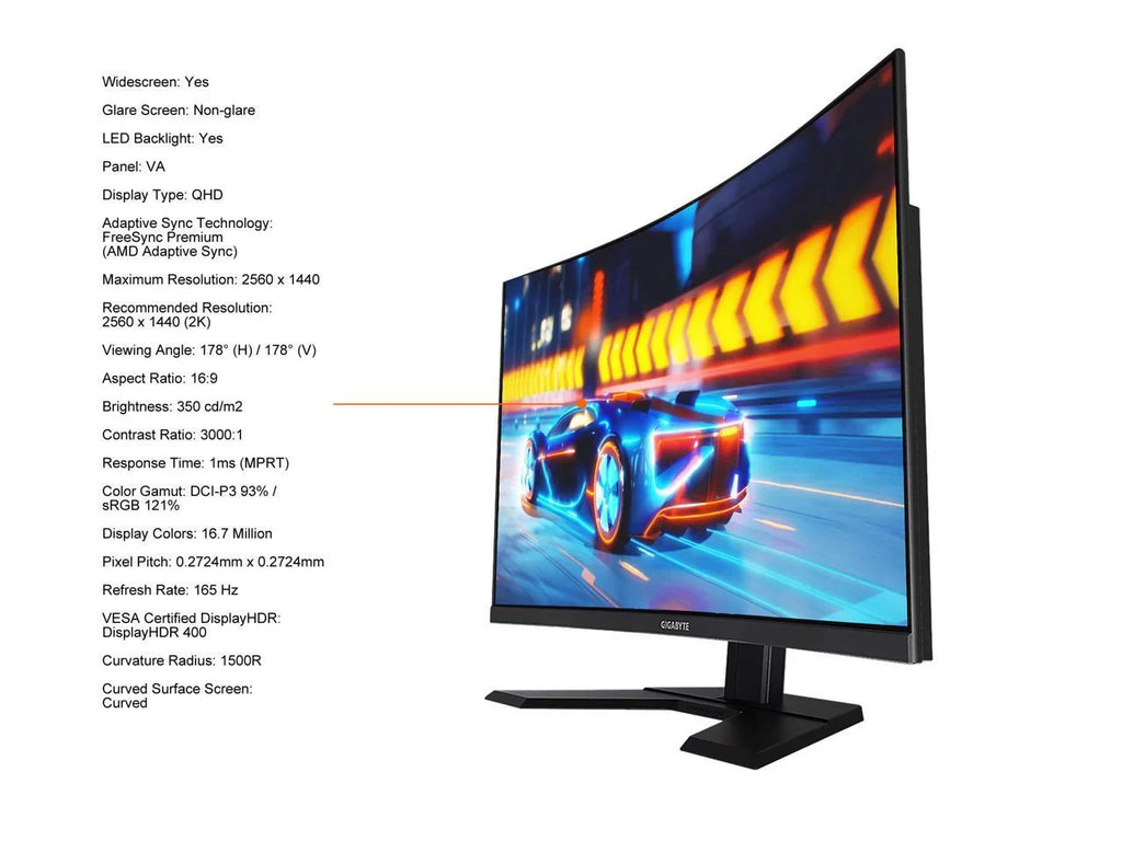 1.2, FreeSync G32QC HDR400, Monitor QHD Gaming 32" DisplayPort Premium 1 1ms Pro, 3.0 VESA A 165Hz 1440, DCI-P3, x 2 x 2K HDMI Curved GIGABYTE 2,0, x 2560 93% USB x 2