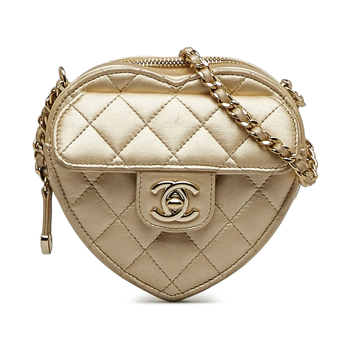 Authenticated Heart Mini Pre-Owned Bag Gold Unisex in CC Crossbody Crossbody Lambskin Love Chanel (Good) Leather