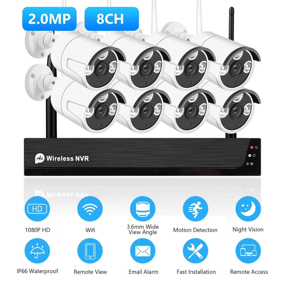 8CH NVR with Remote 1080P Outdoor Motion Hard Night IP Alert, Drive 1080P No Vision, Indoor App Smart 8PCS Access, 1080P 8Channel Cameras System, Wireless Camera CCTV + Tuya 2.0MP