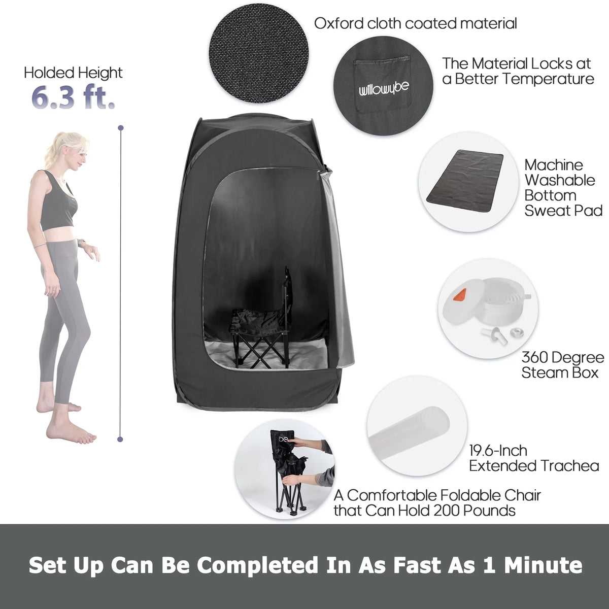 Home Control, Tent, (Black) Steam Spa Steamer, Personal Sauna Portable Body | Foldable Bluetooth with Chair